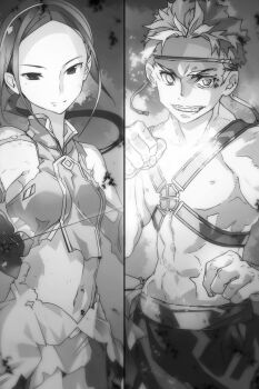 1boy 1girl breasts bruise bunbun closed_eyes cowboy_shot dress floating_hair greyscale grin headband highres holding holding_sword holding_weapon injury iskahn_(sao) long_hair looking_at_viewer midriff monochrome navel novel_illustration official_art parted_bangs ponytail rapier sheyta_synthesis_twelve small_breasts smile split_screen stance standing stomach sword sword_art_online torn_clothes torn_dress weapon