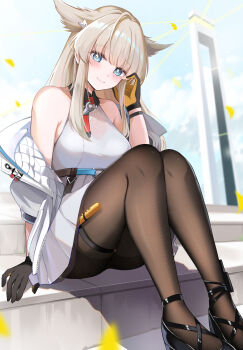 1girl animal_ears arknights arknights:_endfield bare_shoulders black_gloves black_pantyhose black_shoes blue_eyes blue_sky breasts closed_mouth commentary_request fox_ears fox_girl gloves grey_hair hand_up high_heels highres jacket konka long_hair looking_at_viewer multicolored_gloves open_clothes open_jacket outdoors pantyhose perlica_(arknights) shirt shoes sitting skirt sky sleeveless sleeveless_shirt smile solo two-sided_gloves two-tone_gloves white_shirt yellow_gloves