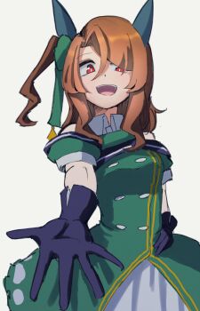 1girl animal_ears bare_shoulders beckoning black_gloves bow breasts brown_hair coat collared_shirt commentary_request dress ear_bow ear_covers ear_ribbon from_below gloves golden_generation_(umamusume) green_bow green_dress hand_on_own_hip horse_ears horse_girl king_halo_(king_of_emeralds)_(umamusume) king_halo_(umamusume) long_hair looking_at_viewer off-shoulder_coat off-shoulder_dress off_shoulder offering_hand ohsaka_kaname open_hand open_mouth outstretched_arm outstretched_hand palms reaching reaching_towards_viewer shirt smile solo teeth umamusume upper_teeth_only