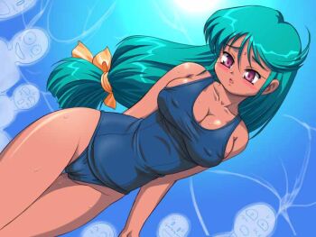 1girl bindi blush breasts cameltoe cleavage covered_erect_nipples green_hair hair_ribbon large_breasts long_hair one-piece_swimsuit purple_eyes pussy_juice pussy_juice_trail ribbon school_swimsuit shanti_aktaaba sweat swimsuit tanuki_gakuen tanuki_yousuke