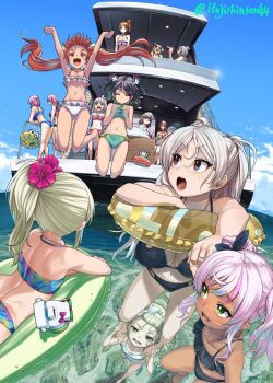 6+girls alcohol aquila_(kancolle) ass barefoot bikini black_bikini black_hair black_ribbon blonde_hair blue_bikini blunt_bangs boat bottle breasts brown_eyes brown_hair cleavage closed_eyes cloud comandante_cappellini_(kancolle) conte_di_cavour_(kancolle) conte_di_cavour_(swimsuit)_(kancolle) day drinking fang flower giuseppe_garibaldi_(kancolle) glasses grecale_(kancolle) grecale_(swimsuit)_(kancolle) green_eyes grey_hair hair_flower hair_ornament hair_ribbon hairband headdress hibiscus highres holding holding_bottle huge_breasts ifuji_shinsen inflatable_raft innertube jewelry jumping kantai_collection large_breasts libeccio_(kancolle) libeccio_(swimsuit)_(kancolle) littorio_(kancolle) littorio_(swimsuit)_(kancolle) long_hair luigi_di_savoia_duca_degli_abruzzi_(kancolle) luigi_torelli_(kancolle) lying maestrale_(kancolle) maestrale_kai_(swimsuit)_(kancolle) medium_breasts mouth_under_water multicolored_hair multiple_girls necklace ocean on_boat on_stomach one-piece_swimsuit open_mouth outdoors partially_submerged partially_underwater_shot pince-nez pink_bikini pink_flower pink_hair pola_(kancolle) ponytail red_bikini red_flower ribbon roma_(kancolle) scirocco_(kancolle) short_hair side_ponytail sky small_breasts strapless strapless_bikini streaked_hair swim_ring swimsuit tan twintails twitter_username very_long_hair wading water watercraft wet white_bikini white_hairband white_one-piece_swimsuit zara_(kancolle)