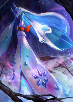 aurora blue_eyes blue_sclera colored_sclera commentary euphythefox from_below froslass gen_4_pokemon highres horns ice ice_horns looking_at_viewer looking_down mega_froslass mega_pokemon nintendo no_humans pokemon pokemon_(creature) pokemon_focus sky solo yellow_sclera