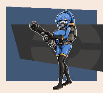 Rule 34 | 1girl, black footwear, black gloves, blu pyro (tf2), blue bodysuit, blue eyes, blue hair, bodysuit, breasts, commentary, commission, english commentary, explosive, flamethrower, full body, gas mask, genderswap, genderswap (otf), gloves, grenade, holding, holding flamethrower, holding weapon, impossible bodysuit, impossible clothes, large breasts, latex, latex bodysuit, long hair, mask, pixel art, ponytail, pyro (tf2), reminaxv58, respirator, solo, standing, team fortress 2, thighhighs, weapon