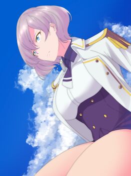 Rule 34 | 1girl, absurdres, blue eyes, blue sky, cloud, day, dutch angle, gridman universe, highres, hitaki (heavy shige), mujina, outdoors, purple hair, short hair, sitting, sky, solo, ssss.dynazenon, thighs, uniform