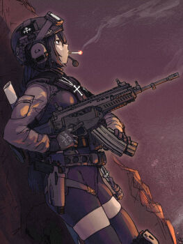 absurdres arx-160 bike_shorts black_gloves black_hair black_shorts black_thighhighs cigarette combat_helmet commentary commission cross cross_necklace didloaded ear_protection from_side gloves goggles goggles_on_headwear gun handgun headphones helmet highres holding holding_gun holding_weapon holstered jewelry knee_pads mechanix_wear necklace original reloading shorts skeb_commission smoking sweatdrop thighhighs trigger_discipline weapon