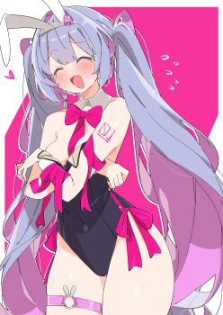 1girl ^_^ absurdres animal_ears arm_tattoo black_leotard blue_hair blus blush bow bowtie breasts cleavage closed_eyes colored_inner_hair commentary covered_navel cowboy_shot detached_collar feet_out_of_frame flying_sweatdrops hair_between_eyes hashtag-only_commentary hatsune_miku highres leotard looking_at_viewer medium_breasts multicolored_hair o-ring o-ring_legwear open_mouth pink_bow pink_bowtie pink_pupils pink_ribbon rabbit_ears rabbit_hole_(vocaloid) ribbon skindentation solo strapless strapless_leotard symbol-only_commentary tattoo thighs twintails upper_body uruti_2388 vocaloid wavy_hair