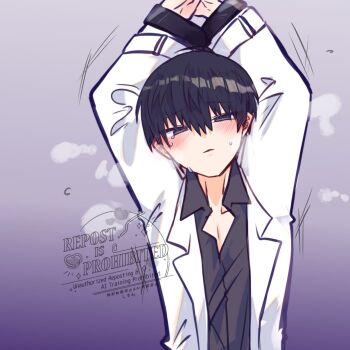 1boy arms_up black_eyes black_hair black_shirt blush bound bound_wrists breath coat collared_shirt commentary double-parted_bangs hair_between_eyes highres kim_dokja kimidori_22 looking_at_viewer male_focus omniscient_reader&#039;s_viewpoint open_clothes open_coat popped_collar shirt short_hair solo sweatdrop symbol-only_commentary white_coat