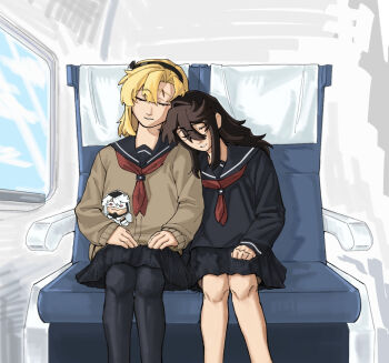 2girls black_hairband black_pantyhose black_serafuku black_skirt blonde_hair brown_cardigan brown_hair cardigan character_doll commentary doll glasses gmeg011 hair_between_eyes hairband highres koishikawa_iko long_hair long_sleeves momijiyama_teru multiple_girls neckerchief pantyhose pleated_skirt red_neckerchief school_uniform semi-rimless_eyewear serafuku shy_(character) shy_(series) skirt symbol-only_commentary teeth train_interior