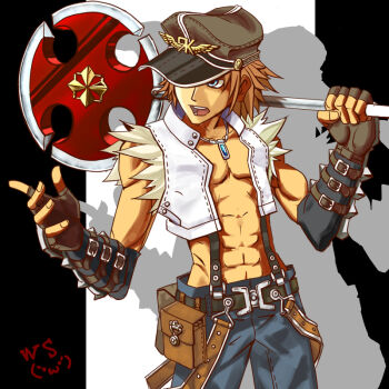1boy abs axe belt belt_pouch black_background black_belt black_gloves blue_eyes blue_pants brown_hair brown_hat character_name commentary cowboy_shot crop_top daisu_(geturei) fingerless_gloves fur-trimmed_shirt fur_trim gloves hat hat_over_one_eye holding holding_axe jewelry male_focus navel necklace open_clothes open_mouth open_shirt pants peaked_cap pouch ragnarok_online shadow shirt short_hair sleeveless sleeveless_shirt solo suspenders toned toned_male vambraces white_background white_shirt whitesmith_(ragnarok_online)