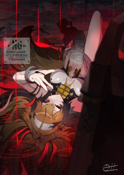 1girl absurdres animal_ears breasts brown_hair china_dress chinese_clothes commentary_request dress highres horse_ears horse_girl horse_tail large_breasts lying on_back red_eyes tail thighhighs watermark white_dress ye_shunguang zenless_zone_zero zeroartwo