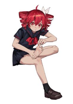 1girl absurdres barefoot black_sailor_collar black_serafuku black_shirt black_skirt black_socks bow bowtie brown_shoes commentary curantohashdash drill_hair english_commentary expressionless feet hair_bow highres kasane_teto kasane_teto_(utau) loafers looking_at_viewer pleated_skirt red_bow red_bowtie red_eyes red_hair sailor_collar school_uniform serafuku shirt shoes short_sleeves single_bare_foot sitting skirt socks soles solo thighs toes twin_drills utau white_bow