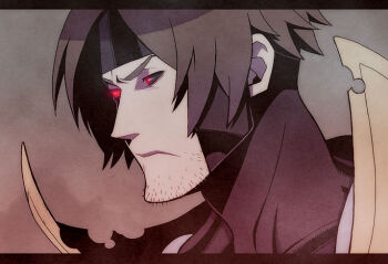 10s 1boy animification black_hair black_sclera colored_sclera facial_hair frown gambit glowing glowing_eyes jacket letterboxed looking_afar male_focus marvel muted_color neck_brace open_clothes open_jacket portrait red_eyes short_hair solo spot_color stubble superhero_costume togatsuko torn_clothes x-men