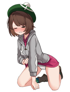 1girl absurdres blush boots brown_boots brown_hair cameltoe cardigan collared_dress dress full_body gloria_(pokemon) green_hat green_socks grey_cardigan half-closed_eye hat highres hood hood_down hooded_cardigan kneeling looking_down mixed-language_commentary nintendo one_eye_closed panties pokemon pokemon_swsh short_hair simple_background socks solo tam_o&#039;_shanter teeth underwear white_background white_panties ziro_(zirorong)