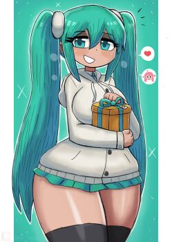 1girl aqua_background aqua_eyes aqua_hair aqua_skirt black_thighhighs blue_ribbon blush breasts christmas christmas_present gift grey_hoodie grin hair_ornament hatsune_miku heart holding holding_gift hood hoodie large_breasts long_hair long_sleeves looking_at_viewer megurine_luka neck_ribbon ribbon shirt skirt smile sparkle speech_bubble spoken_character spoken_heart standing teeth thick_thighs thighhighs thighs tony_welt twintails vocaloid white_shirt wide_hips yuri