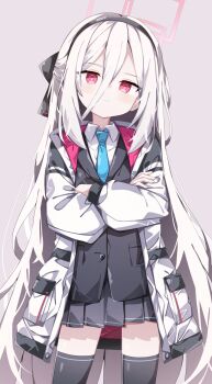 Rule 34 | 1girl, black hairband, black thighhighs, blue archive, blue necktie, collared shirt, commentary request, cosplay, crossed arms, hair between eyes, hairband, halo, highres, jacket, kei (blue archive), kei (new body) (blue archive), long hair, necktie, partial commentary, sabana, shirt, simple background, skirt, solo, thighhighs, white hair, white shirt