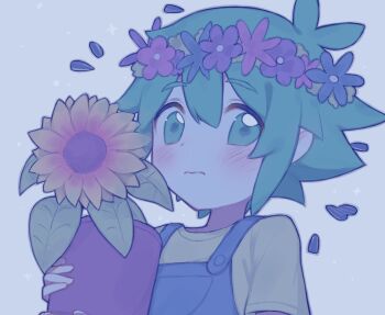 Rule 34 | 1boy, antenna hair, basil (headspace) (omori), basil (omori), blue overalls, blush, closed mouth, commentary, double-parted bangs, flower, flower pot, flower wreath, green eyes, green hair, green shirt, grey background, hair between eyes, hashtag-only commentary, head wreath, holding, holding flower pot, looking at viewer, male focus, omori, overalls, plant, potted plant, shirt, short hair, short sleeves, sidelocks, simple background, solo, sunflower, t-shirt, yama (toaru puyopuyo)