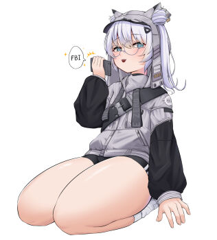 1girl bike_shorts black_shorts blue_eyes full_body goddess_of_victory:_nikke grey_hair grey_jacket highres holding holding_phone hood hood_up jacket long_hair long_sleeves looking_at_viewer n102_(nikke) open_mouth phone round_eyewear shorts simple_background solo symbol_world thigh_focus thighs white_background