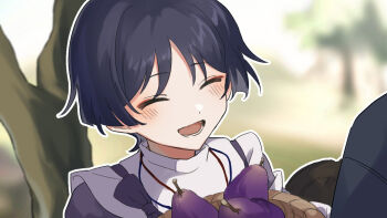 1boy basket black_bow black_hair blunt_ends blurry blurry_background blush bow closed_eyes clothing_cutout facing_another genshin_impact happy japanese_clothes kariginu lavender_melon_(genshin_impact) layered_sleeves lower_teeth_only male_focus open_mouth outdoors outline portrait purple_sleeves scaramouche_(genshin_impact) scaramouche_(kabukimono)_(genshin_impact) shoulder_cutout solo string teeth tongue tree wamin white_outline white_sleeves wispy_bangs