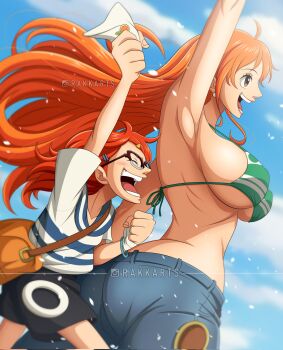 2girls ahoge armpit_crease armpits arms_up artist_name ass bag bikini bikini_top_only black_pants blue_sky breasts brown_eyes clenched_hand closed_eyes cloud cloudy_sky commentary denim earrings english_commentary feet_out_of_frame from_side glasses green_bikini highres holding holding_letter jeans jewelry large_breasts letter light_blush lipgloss long_hair looking_ahead multiple_girls nami's_fangirl nami_(one_piece) nami_(one_piece)_(return_to_sabaody) one_piece one_piece_fan_letter open_mouth orange_hair pants pearl_earrings rakara11_(rakkarts) satchel shirt short_hair sideboob sky smile string_bikini striped_clothes striped_shirt swimsuit teeth twitter_username untranslatable_commentary wavy_hair