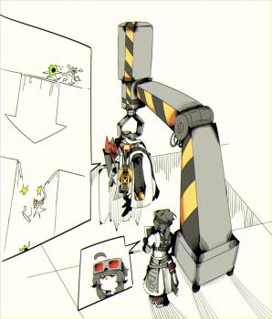 1boy 1girl absurdres ahoge anton_ivanov arrow_(symbol) bare_shoulders black_gloves black_hair black_shoes black_sports_bra chasing clothes_around_waist coat coat_on_shoulders commentary crane_game drill elbow_gloves english_commentary ethereal_(zenless_zone_zero) falling from_above full_body gloves goggles goggles_on_head grace_howard highres holding holding_tablet_pc looking_at_another machinery multicolored_hair platlk red_eyes red_hair red_streaks shoes spiked_hair spoken_character sports_bra streaked_hair tablet_pc white_background white_coat zenless_zone_zero