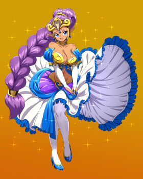 Rule 34 | 1girl, adapted costume, alternate hairstyle, breasts, cleavage, dancer shantae, dark-skinned female, dark skin, dress, full body, large breasts, navel, orange background, shantae, shantae (series), zuchysdraws