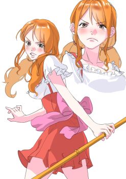 1girl blush closed_mouth commentary_request dress dundun998 eyelashes highres holding holding_staff korean_commentary multiple_views nami_(one_piece) one_piece orange_hair parted_lips short_dress sidelocks simple_background staff tears twintails white_background