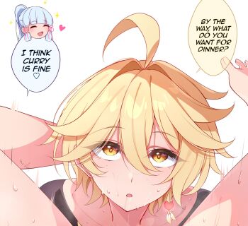 1boy 1girl aether_(genshin_impact) after_cunnilingus ahoge ayaka_(genshin_impact) blonde_hair blue_hair blunt_bangs blush earrings genshin_impact hair_between_eyes hair_ribbon highres jewelry long_hair male_focus midori_(midori13579) open_mouth ponytail pov pussy_juice pussy_juice_in_mouth ribbon short_hair sidelocks smile yellow_eyes