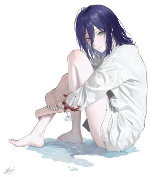 barefoot blood blood_on_clothes blue_hair chainsaw_man closed_mouth flower green_eyes hair_between_eyes highres holding holding_flower hugging_own_legs knees_up reze_(chainsaw_man) shirt simple_background torn_clothes torn_sleeves wet white_background white_flower white_shirt x0195195796238