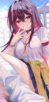 1girl absurdres against_railing asymmetrical_sidelocks azki_(hololive) black_choker blue_skirt braid breasts brooch brown_hair cardigan cardigan_around_waist choker cleavage clothes_around_waist colored_inner_hair commentary_request double-parted_bangs fence grin gyaru hair_between_eyes hair_intakes hair_ornament hairclip half_up_braid heart heart_brooch heart_choker highres hololive jewelry long_hair looking_at_viewer loose_neck_ribbon loose_socks medium_breasts miniskirt mohejiillust mole mole_under_eye multicolored_hair neck_ribbon on_rooftop outdoors partially_unbuttoned pink_hair pink_streaks plaid_clothes plaid_skirt pleated_skirt purple_eyes railing ribbon school_uniform shirt sidelocks skirt sleeves_rolled_up smile smug socks solo streaked_hair very_long_hair virtual_youtuber white_shirt white_socks white_streaks