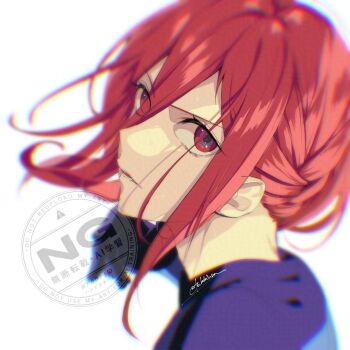 Rule 34 | 1boy, black gloves, blue lock, braid, chigiri hyoma, commentary request, floating hair, gloves, hair between eyes, long hair, male focus, portrait, red eyes, red hair, signature, simple background, soccer uniform, solo, sportswear, tsukky, watermark, white background