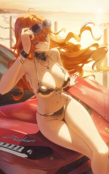 1girl absurdres alternate_costume augusta_(wuthering_waves) bare_legs bare_shoulders bikini black_collar black_nails bracelet breasts cleavage closed_mouth collar collarbone commentary crossed_legs english_commentary eyewear_on_head gold_bikini halterneck hand_up highres jewelry large_breasts legs long_hair looking_at_viewer nail_polish navel orange_hair raidriar_18 red_eyes signature smile solo stomach string_bikini sun_necklace sunglasses swimsuit thigh_gap wind wuthering_waves