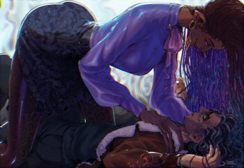 Rule 34 | 1boy, 1girl, ass, blackberreh-art, box braids, breasts, dark skin, design speculation, distortion (tma), earrings, green eyes, grin, helen richardson, hetero, highres, jewelry, jonathan sims, long hair, pinned, pointy ears, smile, the magnus archives