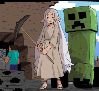 1boy 1girl blue_sky cloud cloudy_sky creeper crying dress elf frieren height_difference hill long_hair minecraft minecraft_pickaxe mining pickaxe pointy_ears sky slippers sousou_no_frieren steve_(minecraft) very_long_hair wanderjegson white_dress white_hair