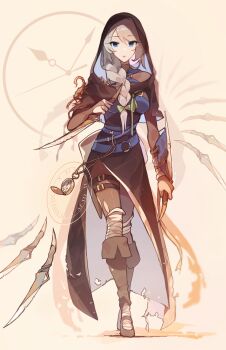 3girls :o alternate_costume alternate_hairstyle bandaged_leg bandages belt black_boots black_dress black_hood blue_eyes bodystocking boots bow breasts chibi commentary dagger dress dual_wielding flandre_scarlet floating floating_object floating_weapon full_body green_bow grey_bodystocking grey_hair hair_bow highres holding holding_dagger holding_knife holding_weapon hood hood_up izayoi_sakuya kaliningradg knee_boots knife long_braid long_hair medium_breasts multiple_girls pocket_watch remilia_scarlet reverse_grip scorpion siblings sisters symbol-only_commentary thigh_belt thigh_strap torn_bodystocking torn_clothes torn_dress touhou watch weapon