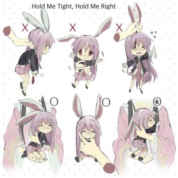 2girls animal_ears black_hair black_jacket black_shoes blazer blood closed_mouth collared_shirt disembodied_hand flying_sweatdrops grabbing_another&#039;s_ear hand_on_another&#039;s_ear highres holding holding_mini_person houraisan_kaguya jacket long_hair long_sleeves mini_person multiple_girls multiple_views necktie pink_shirt pleated_skirt purple_hair purple_skirt rabbit_ears rabbit_girl red_eyes red_necktie reisen_udongein_inaba sesmkun shirt shoes skirt socks touhou white_background white_shirt white_socks wide_sleeves