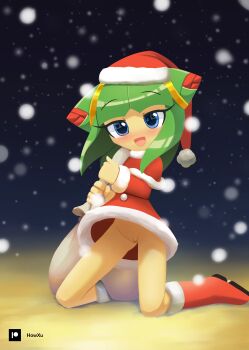 1girl absurdres artist_name bag blue_eyes blush boots bottomless christmas christmas_bag christmas_boots cosmo_(sonic) cosmo_the_seedrian dark_blue_background dress green_hair highres howxu looking_at_viewer open_mouth pussy smile snow solo thighhighs upskirt