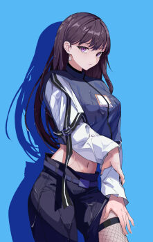 Rule 34 | 1girl, bang dream!, bang dream! it's mygo!!!!!, black hair, black pants, blue background, blue jacket, breasts, chinese commentary, commentary request, commission, dd wan su, earrings, fishnet thighhighs, fishnets, highres, jacket, jewelry, large breasts, long hair, looking at viewer, midriff, mole, mole under eye, navel, pants, parted lips, second-party source, shadow, shiina taki, simple background, solo, thighhighs, wet