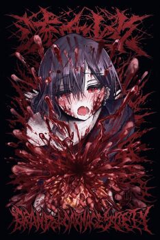 1girl black_background black_nails blood blood_on_face blood_on_neck blood_splatter blush commentary_request crying crying_with_eyes_open dot_nose earrings entrails gorezono_neo_(yu-ki_iwata) guro hair_between_eyes hair_ornament hairclip highres intestines jewelry medium_hair metal_band_text multiple_earrings organs original parallel_hairclips purple_hair purple_shirt red_eyes shirt stud_piercings tears wavy_mouth yu-ki_iwata