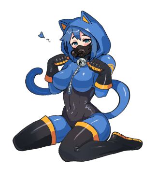 1girl animal_ears bell black_boots black_gloves blu_pyro_(tf2) blue_bodysuit blue_eyes blue_hair blush bodysuit boots breasts cat_ears cat_tail commentary commission covered_navel english_commentary fake_animal_ears fake_tail full_body gas_mask genderswap genderswap_(otf) gloves heart highres large_breasts latex latex_bodysuit looking_at_viewer mask neck_bell pyro_(tf2) respirator short_hair simple_background sitting solo tail team_fortress_2 thigh_boots wariza wersman white_background zipper