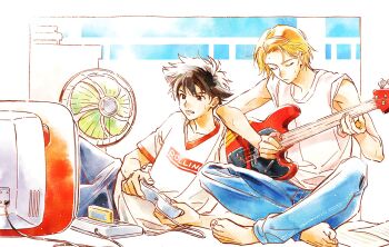 Rule 34 | 2boys, bass guitar, black hair, blonde hair, border, brown eyes, closed eyes, commentary, controller, crossed legs, denim, digimon, digimon adventure tri., electric fan, game console, game controller, highres, instrument, jeans, konashio, lying, male focus, multiple boys, music, on side, outside border, pants, playing bass guitar, playing games, playing instrument, playing video games, shirt, short hair, short sleeves, sleeves rolled up, sweat, television, white border