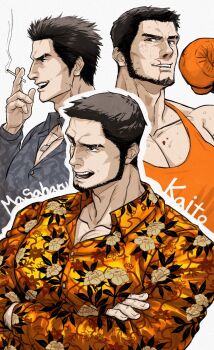 1boy bara beard_stubble blood blood_on_pectorals boxing_gloves commentary crossed_arms eomul_geon15848 eyebrow_cut facial_hair floral_print_shirt highres judge_eyes kaito_masaharu large_pectorals male_focus mature_male multiple_views muscular muscular_male nosebleed pectoral_cleavage pectorals ryuu_ga_gotoku_(series) short_hair smile smoking stubble thick_eyebrows tsurime