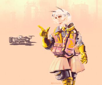 1girl absurdres antennae armor artist_name bright_background commentary english_commentary gloves haze highres light_smile moth_antennae multicolored_hair necktie original outdoors pink_skirt pointing polilla pouch refinery short_hair skirt spacecraft two-tone_hair walking white_hair yellow_eyes yellow_gloves