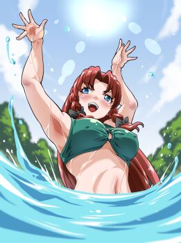 1girl arms_up bad_tag bare_arms beach bikini black_bow blue_eyes blurry blurry_background bow braid breasts commentary_request green_bikini h.dupp_(nama_aakiruu) highres hong_meiling medium_breasts partially_submerged red_hair smile splashing stomach swimming swimsuit synchronized_swimming teeth touhou tree twin_braids upper_teeth_only water wet