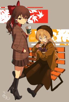 Rule 34 | 2girls, alternate costume, alternate headwear, artist name, autumn, bench, black boots, black shoes, blonde hair, blush, boots, bow, brown cardigan, brown dress, brown eyes, brown hair, brown jacket, brown pantyhose, cardigan, commentary request, contemporary, cup, disposable coffee cup, disposable cup, dress, eating, food, frilled hair tubes, frills, hair bow, hair tubes, hakurei reimu, hand in pocket, headwear request, high heel boots, high heels, highres, holding, holding cup, imkooooww, jacket, kirisame marisa, knee boots, long hair, long sleeves, looking at viewer, multiple girls, on bench, open cardigan, open clothes, open mouth, pantyhose, plaid clothes, plaid jacket, red bow, red sweater, roasted sweet potato, shoes, sitting, steam, sweater, sweet potato, touhou, yellow eyes