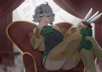 Rule 34 | 1girl, absurdres, ahoge, alternate costume, ascot, between fingers, black leotard, bow, braid, breasts, commentary, cosplay, couch, cropped jacket, crossed legs, dio brando, dio brando (cosplay), green ascot, green bow, grey hair, hair bow, hair ornament, heart, heart hair ornament, highres, holding, holding knife, izayoi sakuya, jacket, jojo no kimyou na bouken, knife, knives between fingers, large breasts, leotard, maid headdress, no noru, on couch, red eyes, roman numeral, sitting, solo, thighhighs, touhou, twin braids, yellow jacket, yellow thighhighs