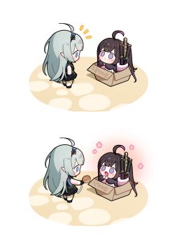 2girls absurdres ahoge black_gloves black_hair black_sailor_collar black_serafuku black_shirt blue_eyes blue_hairband bread chibi chitose_(stella_sora) colored_inner_hair dress female_tyrant_(stella_sora) food gloves grey_hair hairband highres holding long_hair multicolored_hair multiple_girls open_mouth pointy_ears purple_eyes purple_hair sailor_collar school_uniform serafuku shirt simple_background sleeveless sleeveless_dress stella_sora sword tyrant_(stella_sora) uz_(uzru0428) very_long_hair weapon