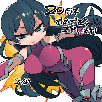 ! 1girl :&gt; anniversary bare_shoulders bodysuit breasts chibi curvy explosion floating_hair igawa_asagi kometsubu large_breasts lilith-soft lips long_hair looking_at_viewer purple_bodysuit shiny_clothes simple_background smile solo taimanin_(series) taimanin_asagi translation_request white_background wide_hips