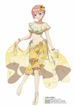 1girl :d anime_coloring anklet artist_request barefoot bikini bikini_skirt blue_eyes bracelet braid breasts cleavage clothes_lift collarbone commentary_request flower full_body go-toubun_no_hanayome hair_flower hair_ornament jewelry large_breasts light_blush looking_at_viewer lower_teeth_only nakano_ichika navel off-shoulder_bikini off_shoulder open_mouth pink_hair sarong sarong_lift see-through_clothes see-through_sarong short_hair simple_background single_sidelock smile solo standing standing_on_one_leg stomach sunflower sunflower_hair_ornament swimsuit teeth white_background yellow_bikini yellow_sarong