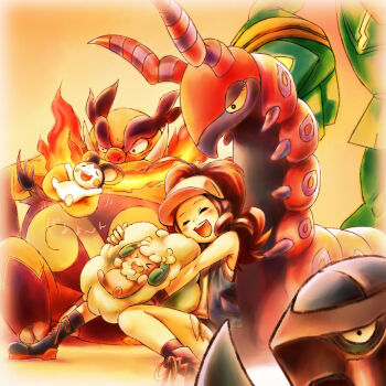 10s 1girl 310123 bare_legs blush brown_hair bug carracosta closed_eyes colored_sclera cottonee emboar emolga fangs gen_5_pokemon golurk hat hilbert_(pokemon) hug nintendo pig pokemon pokemon_(creature) pokemon_bw ponytail scolipede smile tagme tail vest yellow_sclera