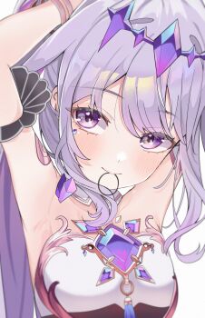 1girl absurdres armpits arms_up blush bracelet breasts castellayaki chest_jewel circlet closed_mouth commentary english_commentary highres hololive hololive_english jewelry koseki_bijou koseki_bijou_(1st_costume) long_hair looking_at_viewer mouth_hold presenting_armpit purple_eyes simple_background small_breasts solo tying_hair upper_body white_background